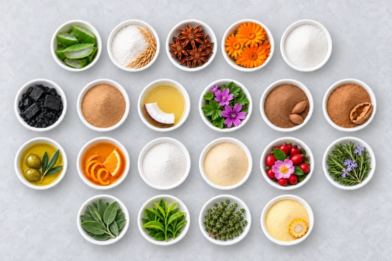vista dall'alto di ciotole con all''interno gli attivi vegetali utilizzati da kroll nei propri prodotti
